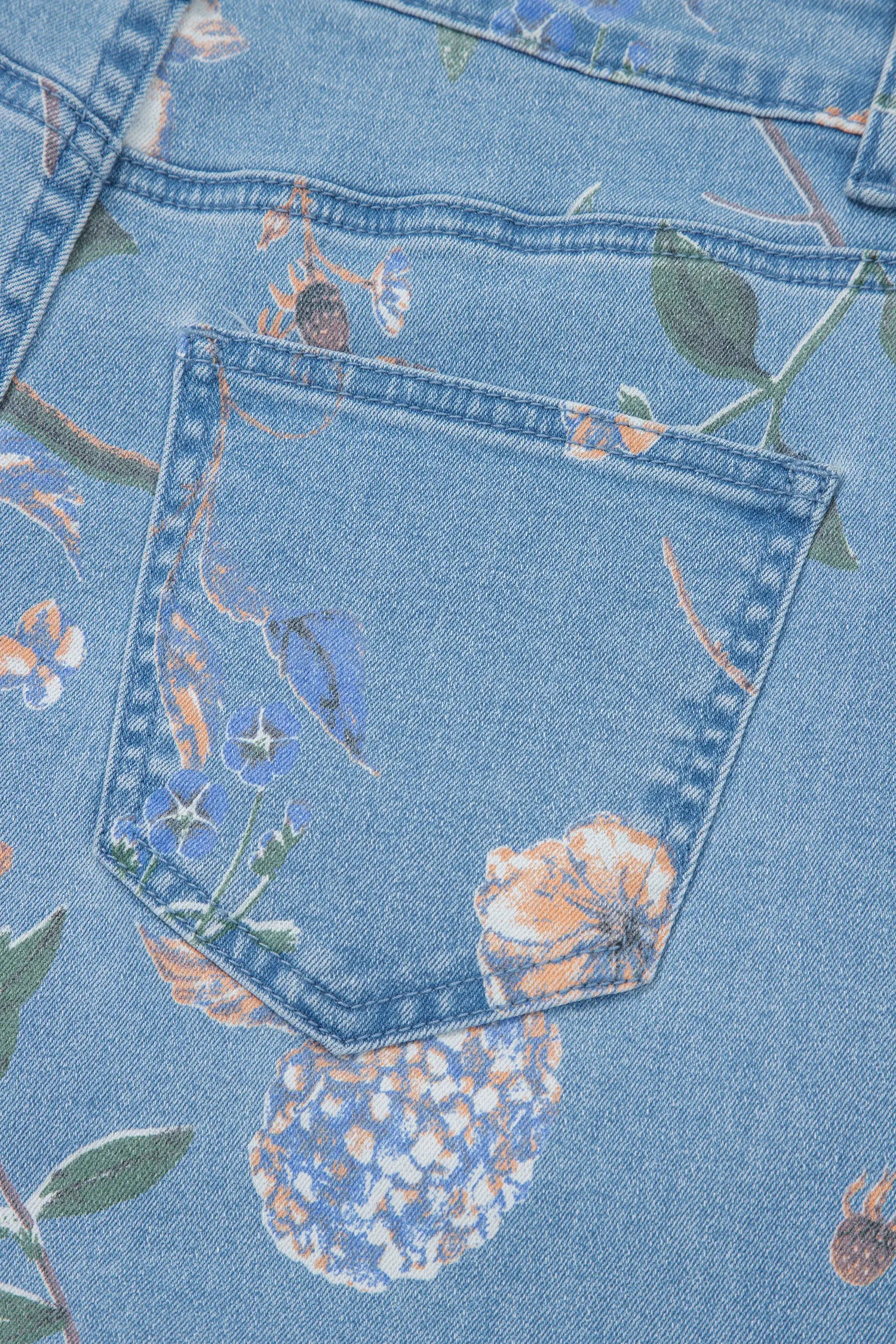 Sky Blue Retro Floral Print Frayed Hem Shift Jeans