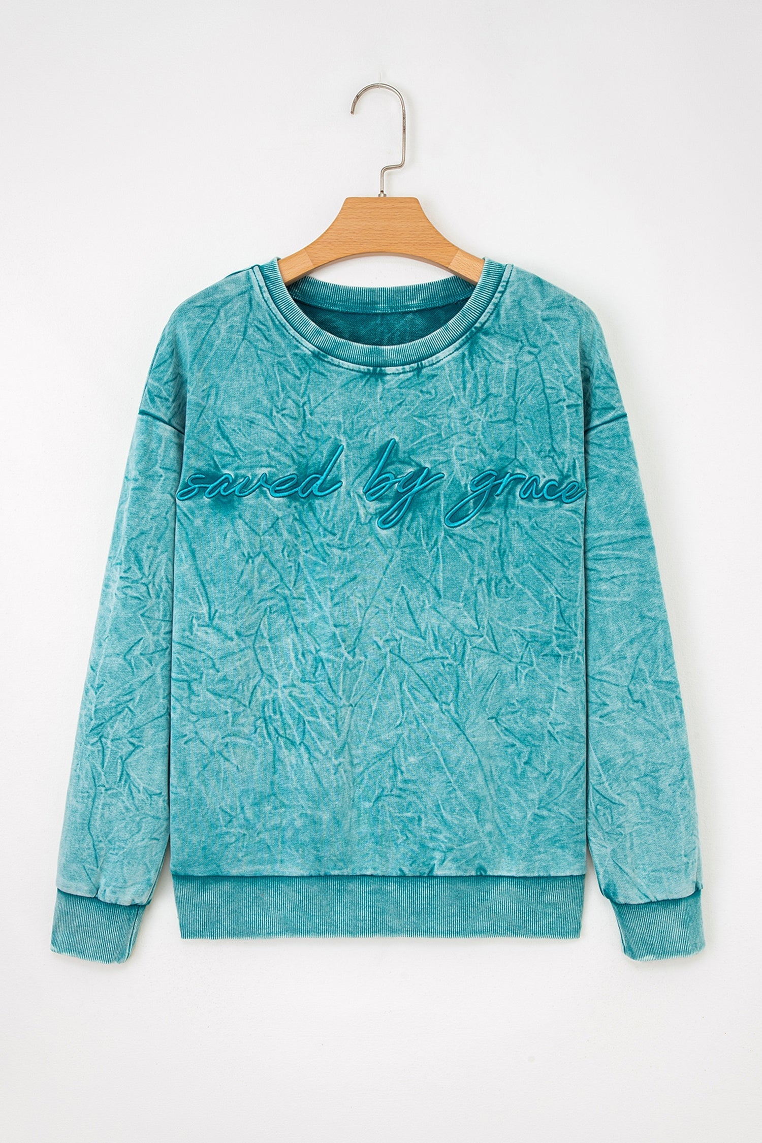 "Saved By Grace" Letter Embroidery Mineral Wash Loose Sweatshirt - eAura