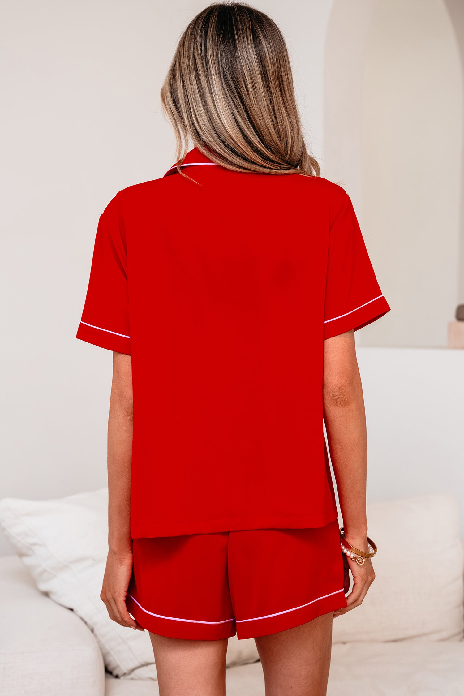 Contrast Trim Ribbon Bow Short Silky 2pcs Pajama Set – Fiery Red