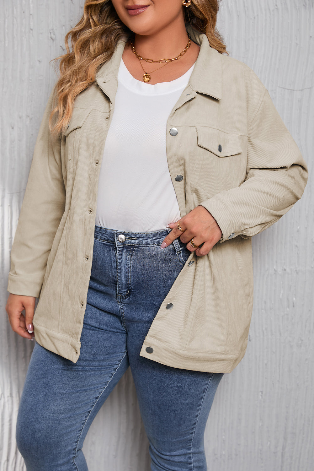 Khaki Plus Size Crochet Pattern Back Corduroy Jacket BB Fashion Outlet