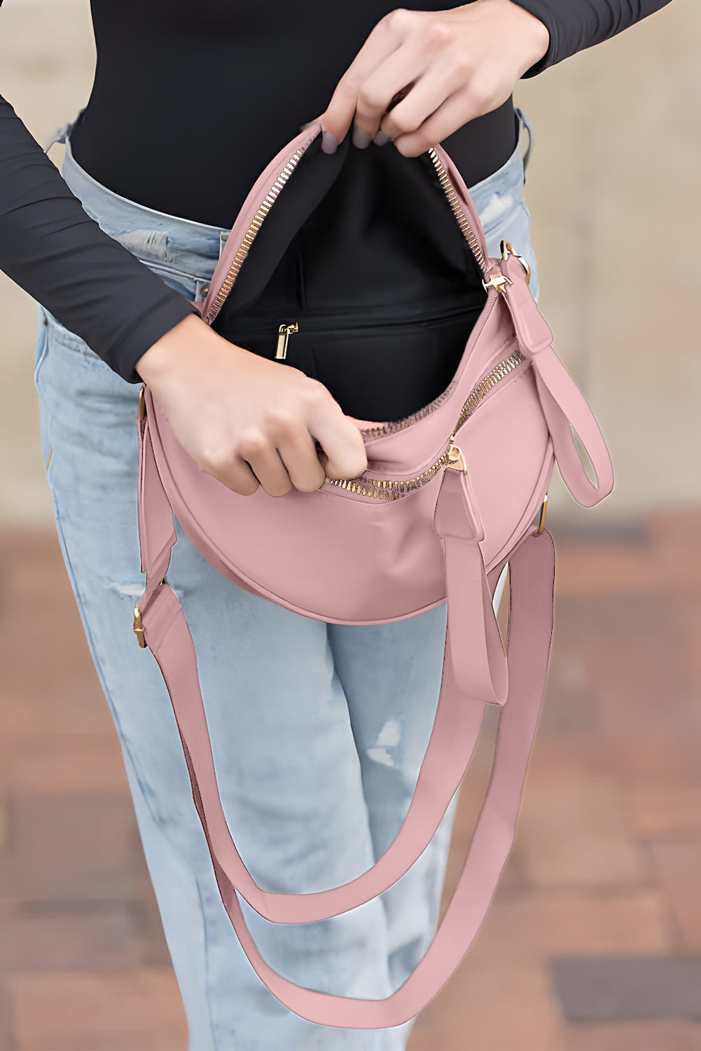 Camel Double Zip Crescent Shape Adjustable Sling Bag
