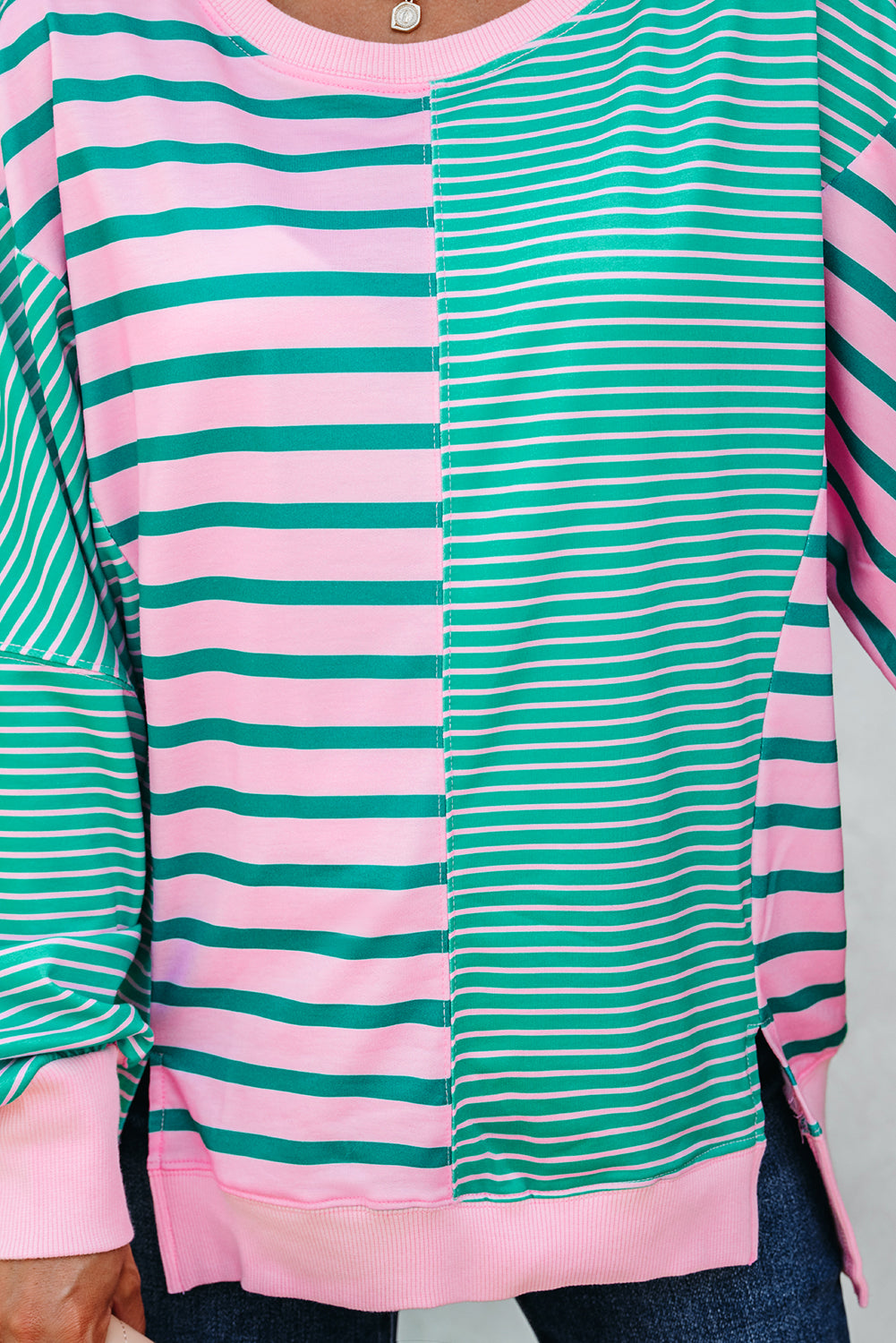 Green Stripe Patchwork Side Slit Oversized Sweatshirt - eAura