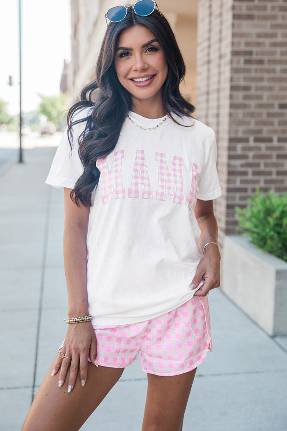 White MAMA Printed Tee and Plaid Shorts Lounge Set eAura