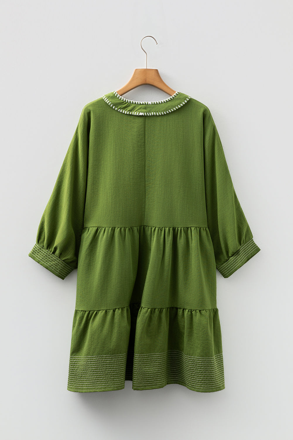 Contrast Stitched V-Neck 3/4 Sleeve Tiered Mini Dress - eAura