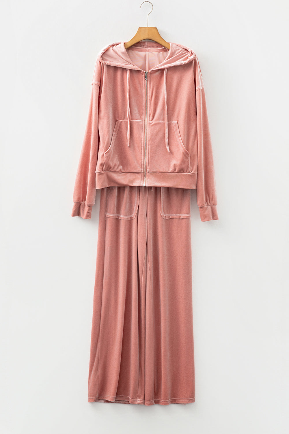 Peach Velvet Zip-up Hoodie and Wide Leg Trousers Co-ord Set eAura