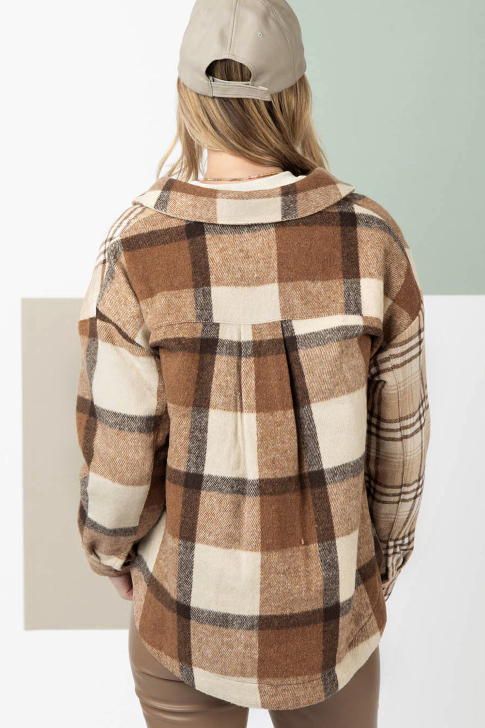Light French Beige Flannel Plaid Double Flap Pocket Shacket BB Fashion Outlet
