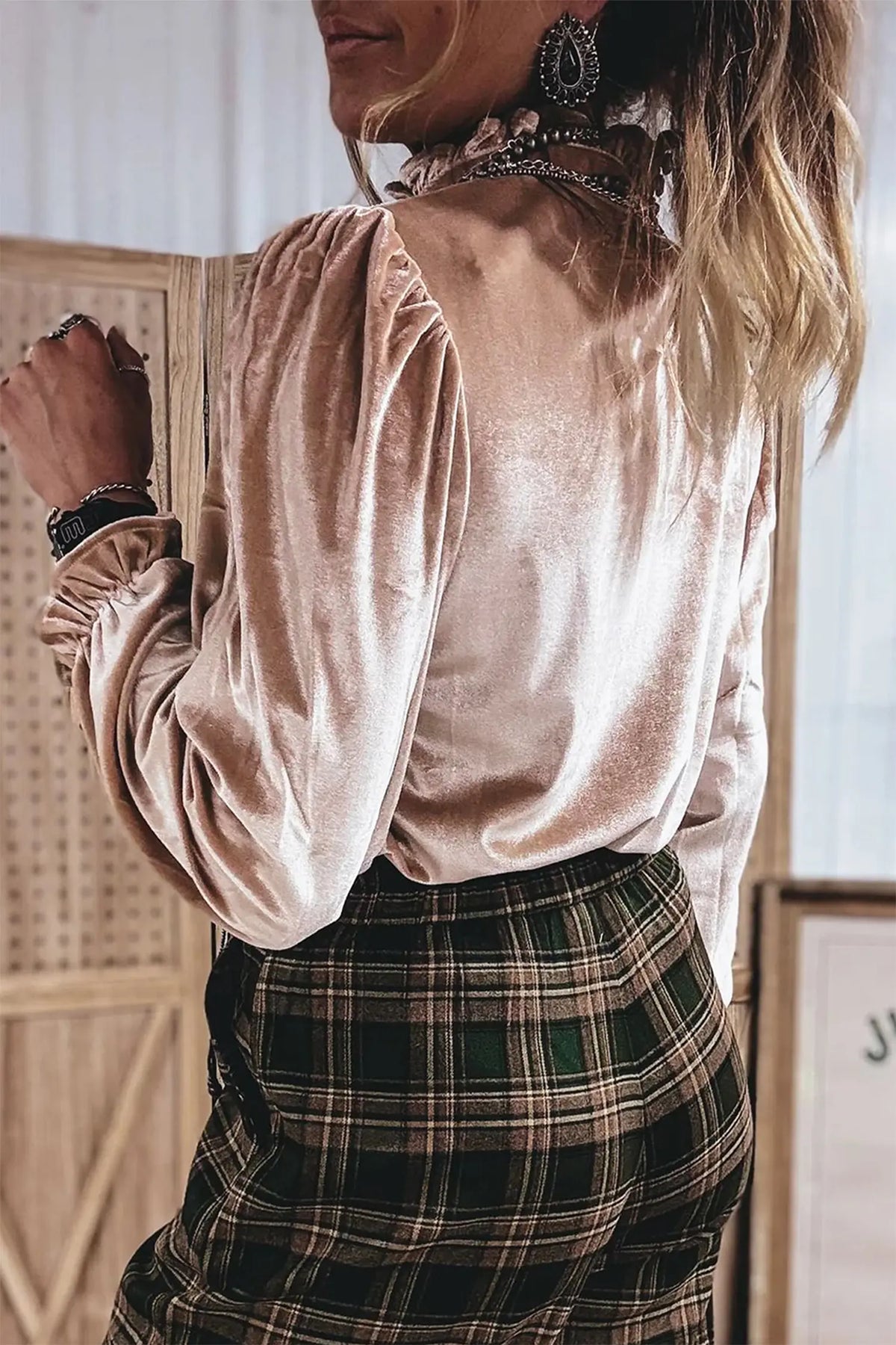 Velvet Top Western Style Long Sleeve Stand Neck