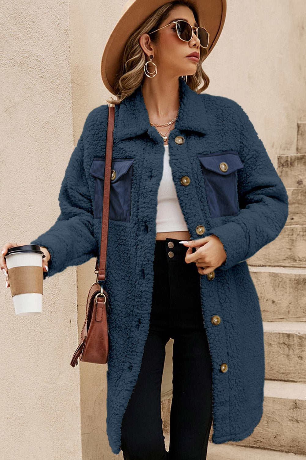 Blue Contrast Flap Pocket Single Breasted Teddy Coat Dear-Lover Dropshipping
