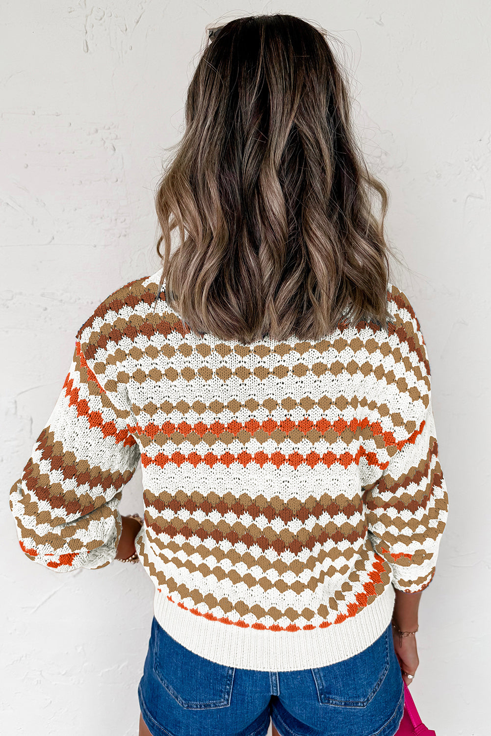 Striped Eyelet Patterned Drop Shoulder Sweater - eAura