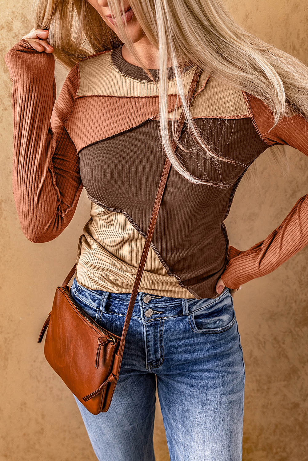 Exposed Seam Colour Block Rib Knit Top eAura
