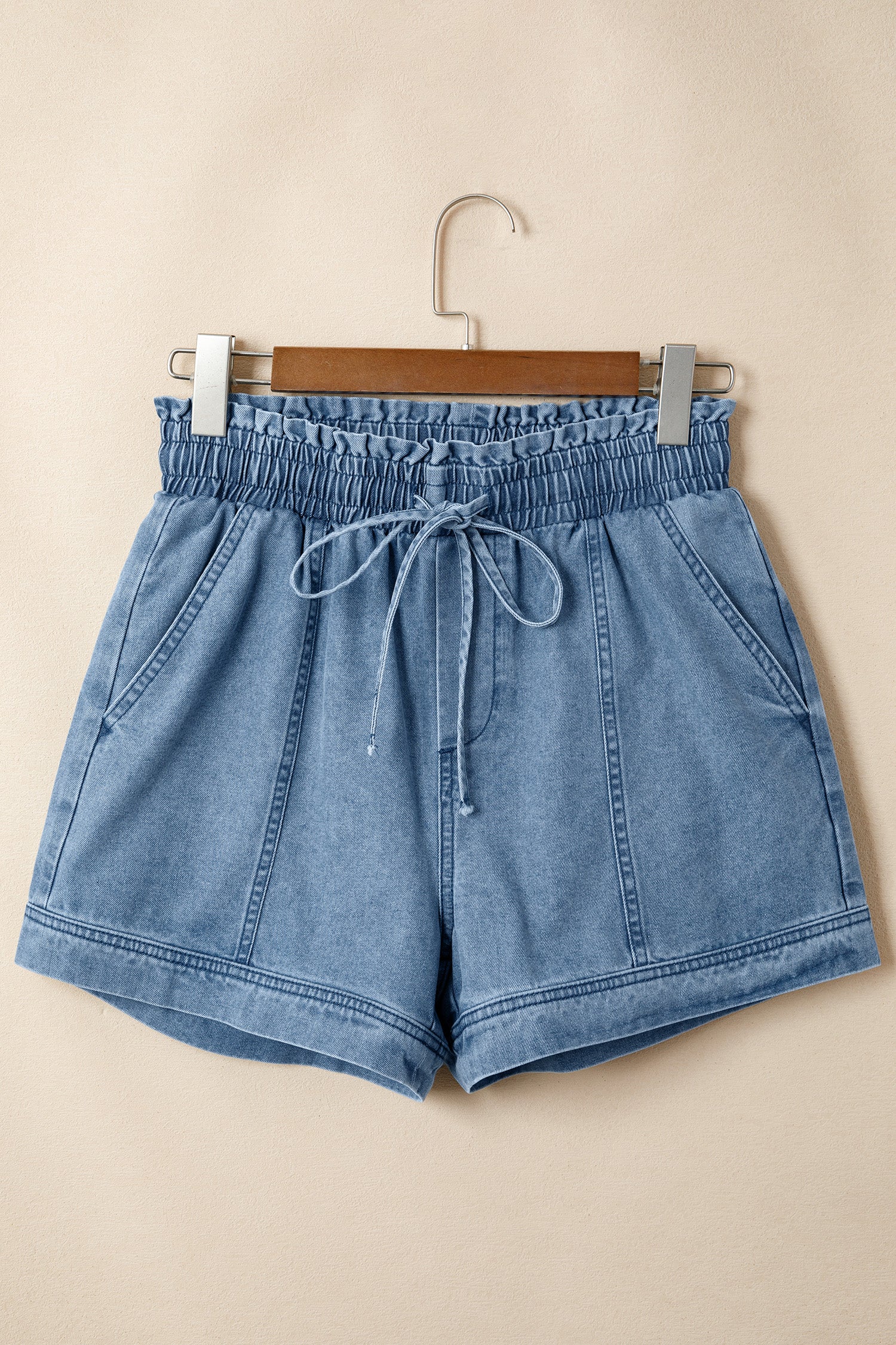 Smocked Elastic Waist Denim Shorts – High Waist with Drawstring