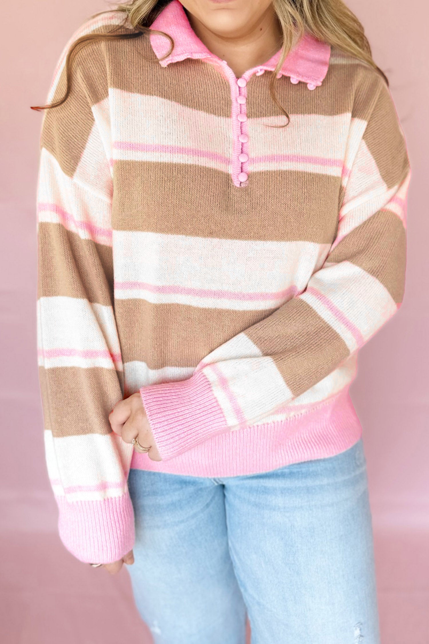 Striped Colorblock V Neck Long Sleeve Tunic Sweater – Pink Stripe