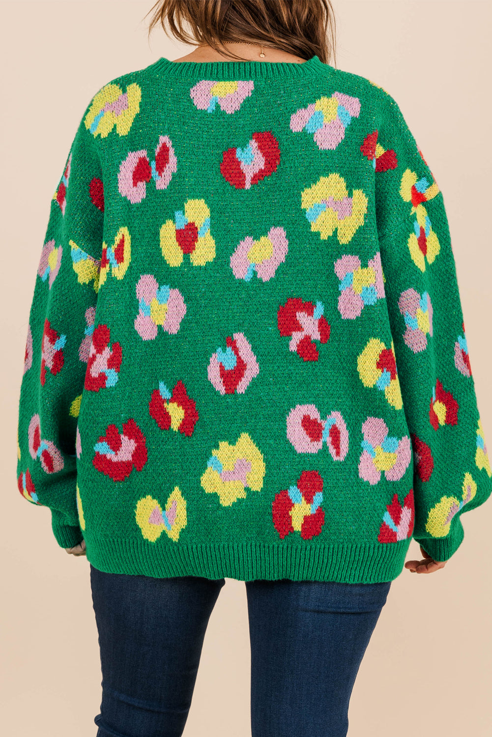 Green Plus Size Floral Knitted Ribbed Edge Drop Shoulder Sweater BB Fashion Outlet