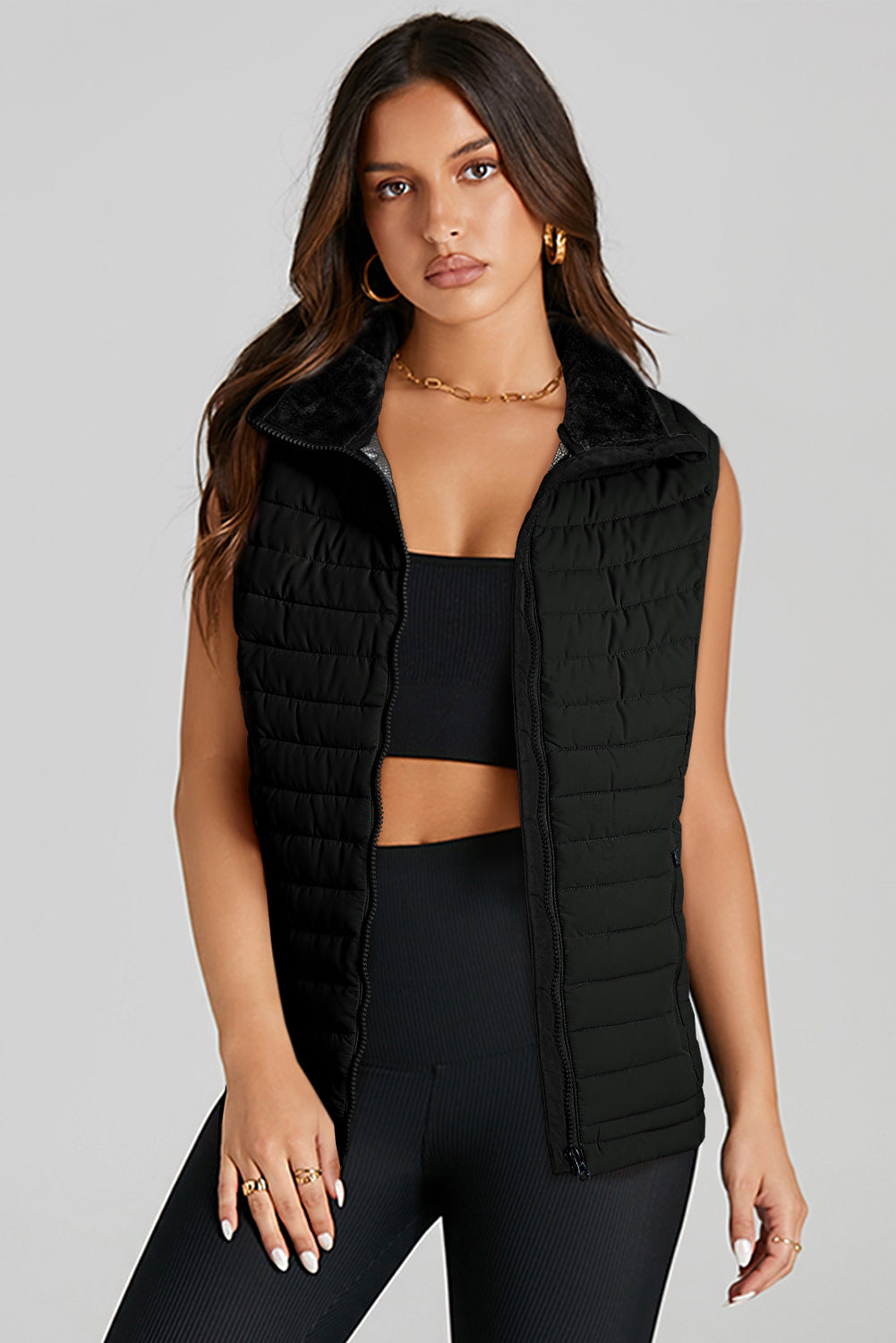 Black Plush Collared Quilted Puffer Gilet Beagle Boutique Fashion Outlet