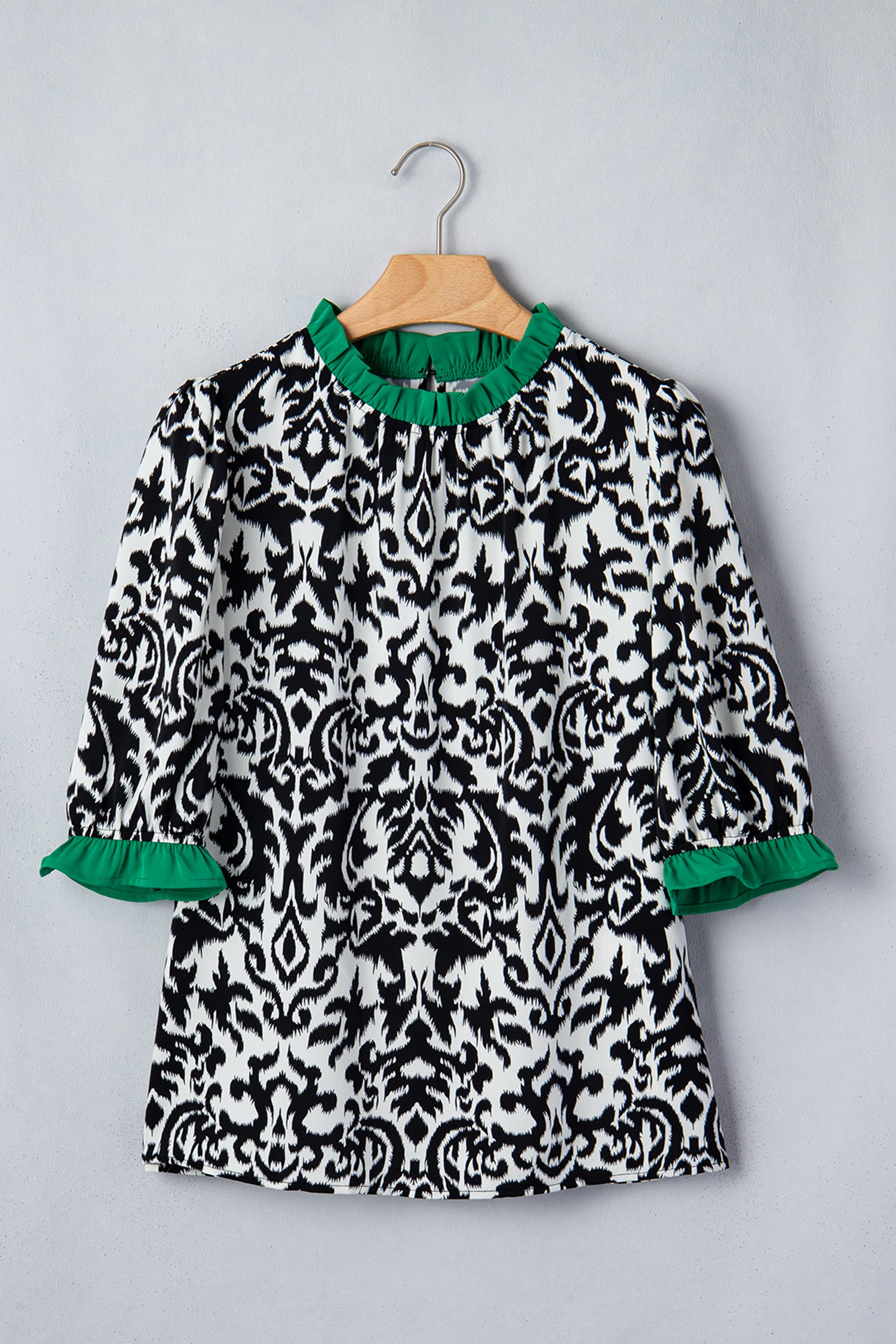 Damask Print Ruffle Colour Block Puff Sleeve Blouse