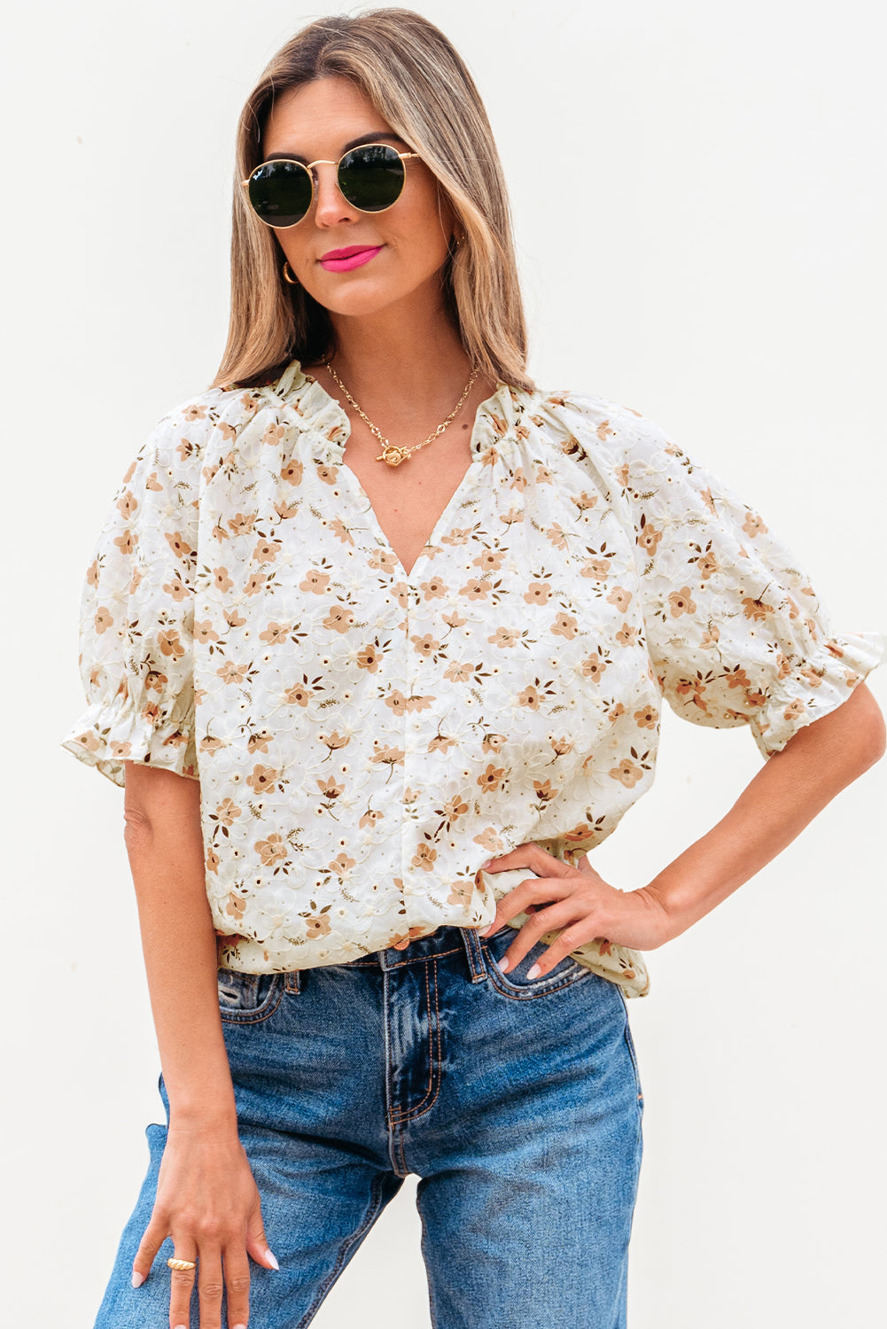 White Floral Eyelet Embroidered Puff Sleeve Notch V Neck Blouse eAura