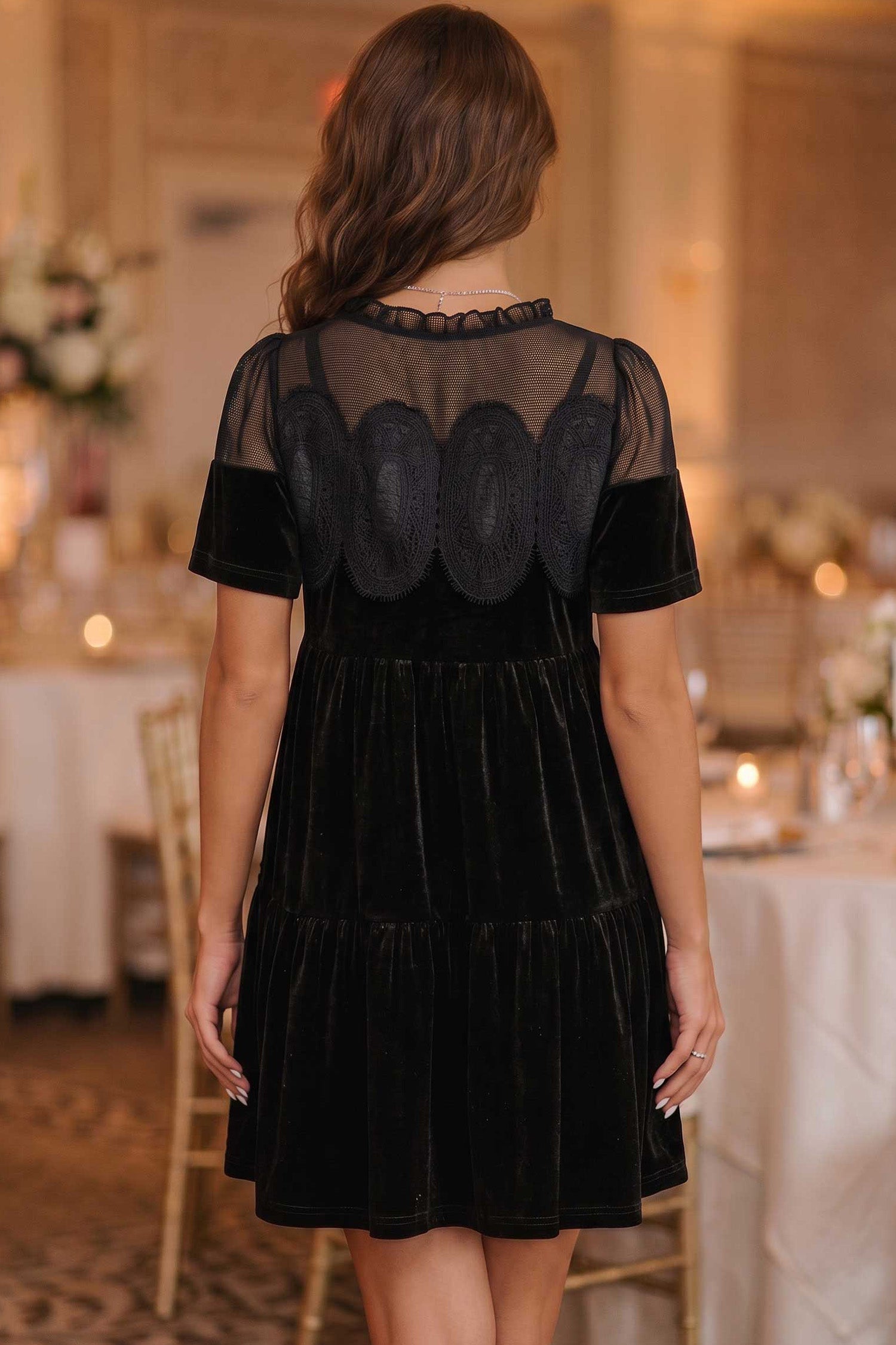 Embroidered Velvet Short Sleeve Mini Shift Dress – Black