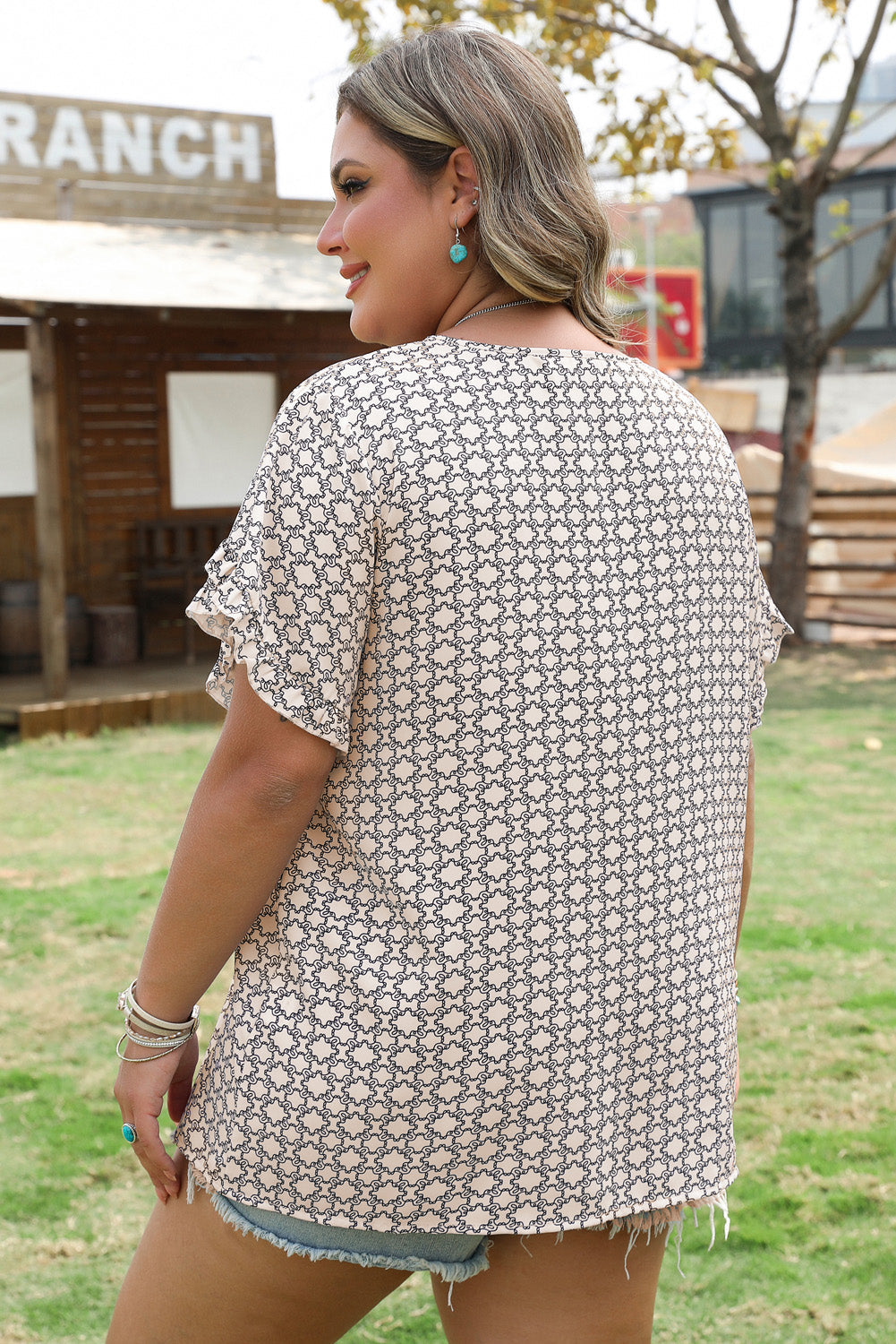 Khaki Plus Size Geometric Print Ruffled Sleeve Blouse BB Fashion Outlet