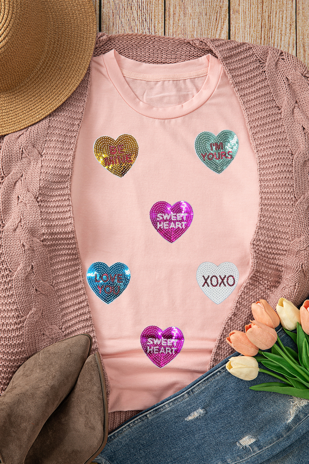 Pink Sequin Valentines Lettering Heart Patched Crewneck T Shirt eAura
