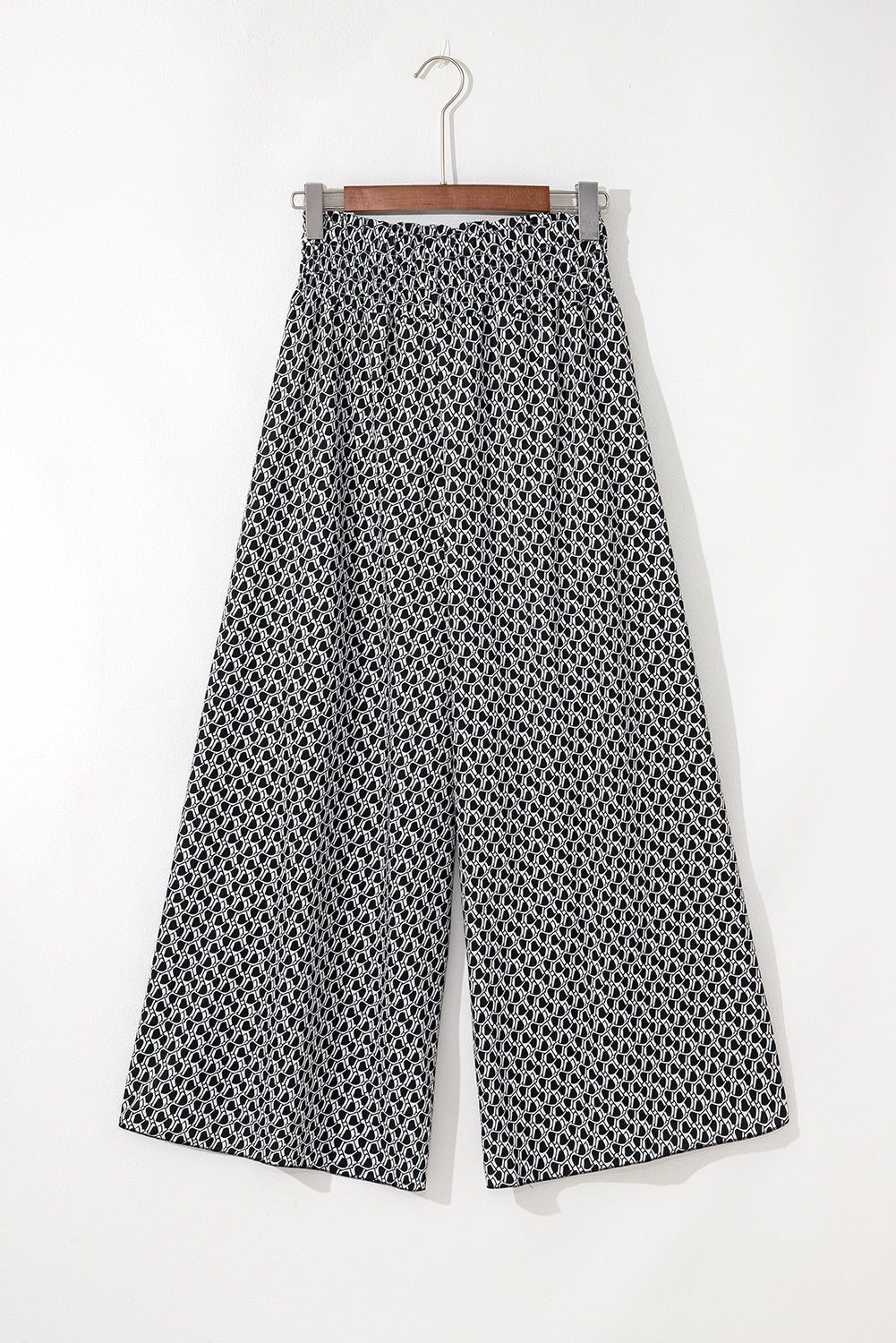 Black Bohemian Print Slit Wide Leg Smocked High Waist Trousers eAura