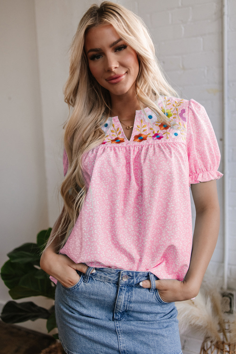 Pink Floral Embroidered Puff Sleeve Notched V-Neck Blouse eAura