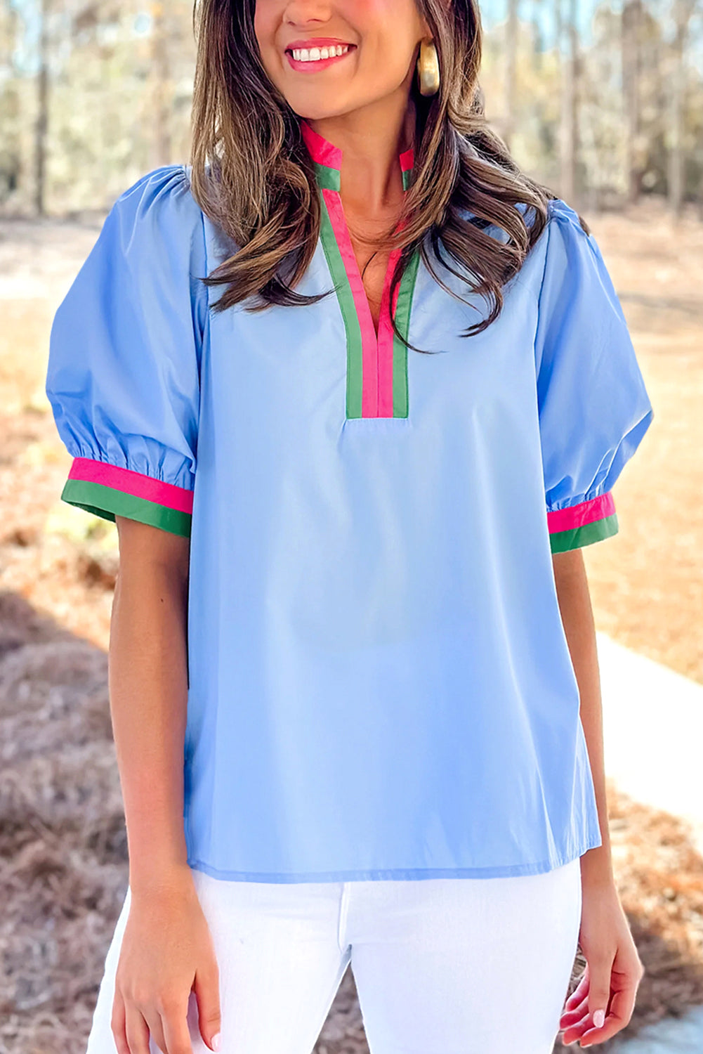 Contrast Striped V Neck Collision Short Puff Sleeve Blouse eAura