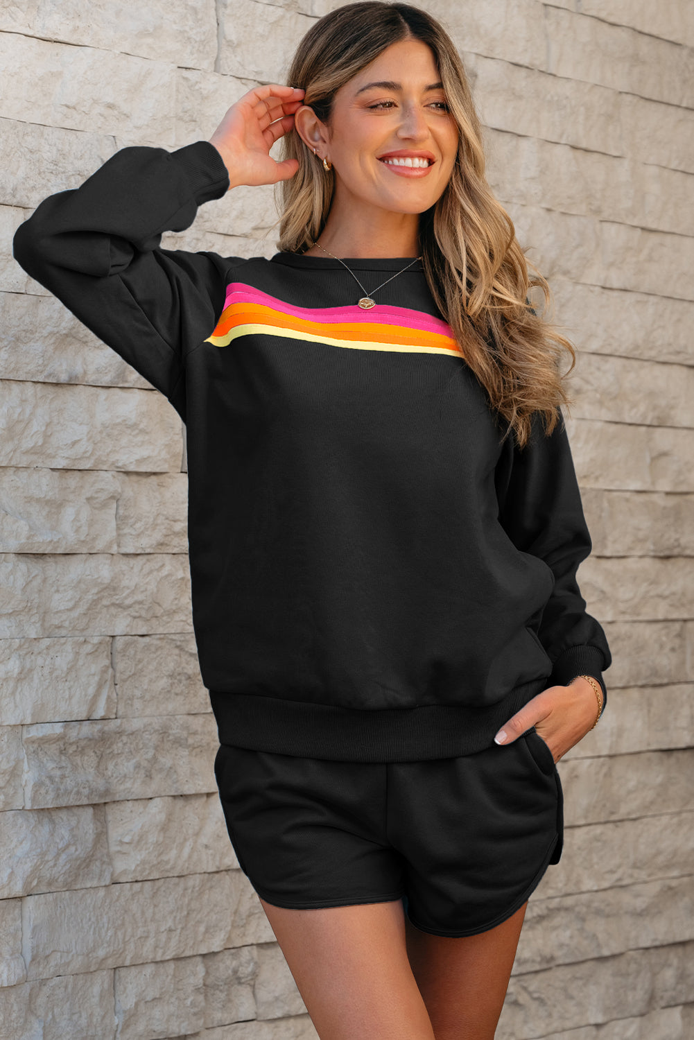 Black Striped Accent Pullover and Shorts Two Piece Casual Set eAura
