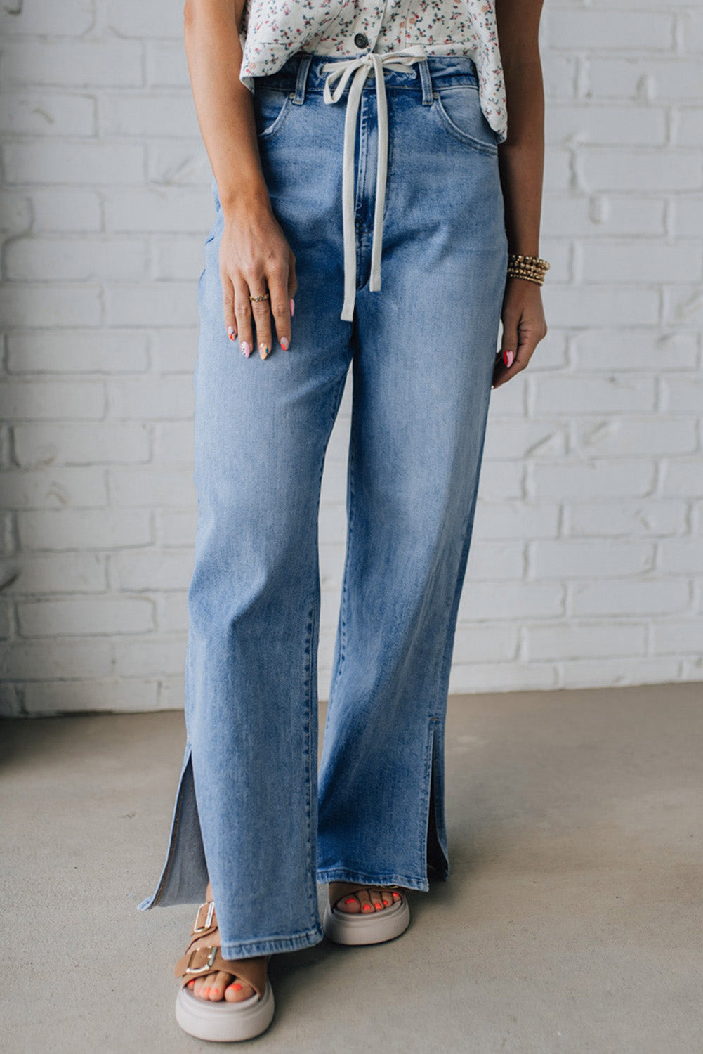 Slit Leg High Rise Drawstring Casual Jeans - eAura