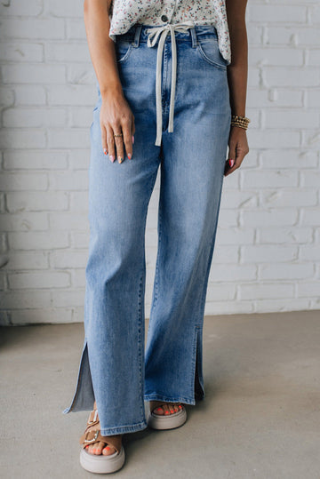 Slit Leg High Rise Drawstring Casual Jeans - eAura