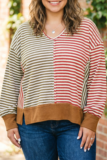 Striped Colorblock V Neck Oversized Long Sleeve Plus Size Blouse – Brown Stripe