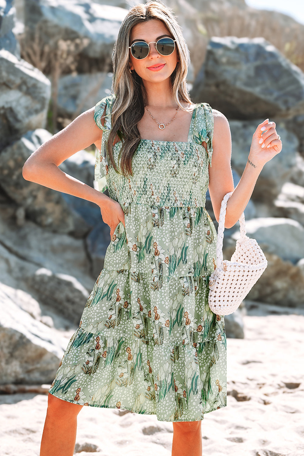 Grey Floral Knotted Strap Smocked Tiered Ruffle Mini Dress eAura