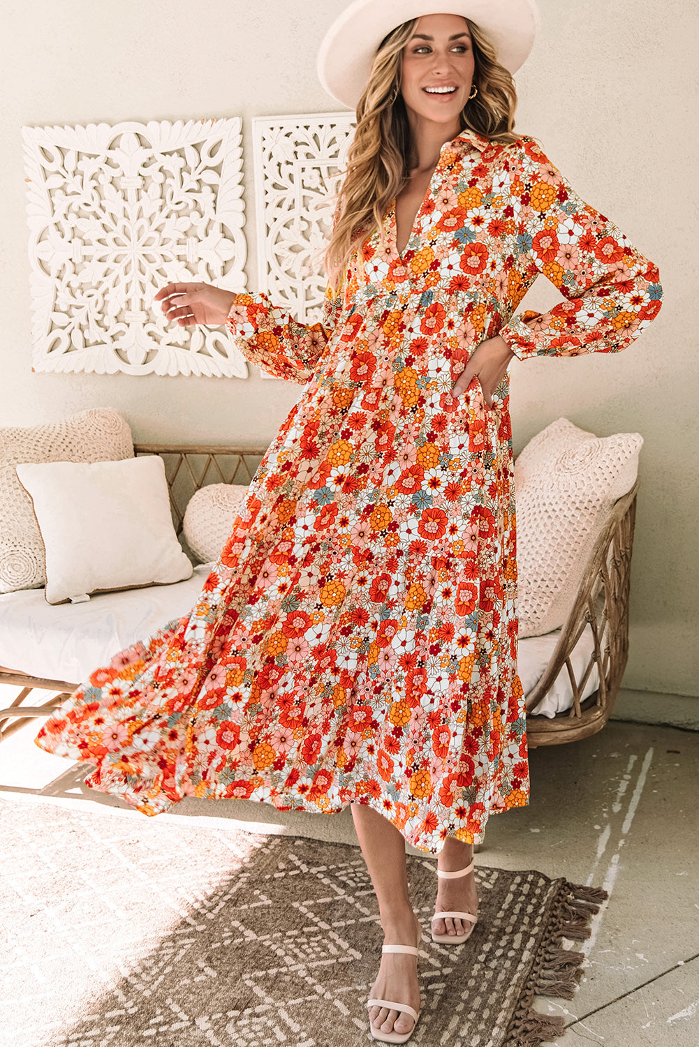 MultiColour Boho Floral Collared Long Sleeve Ruffled Dress eAura