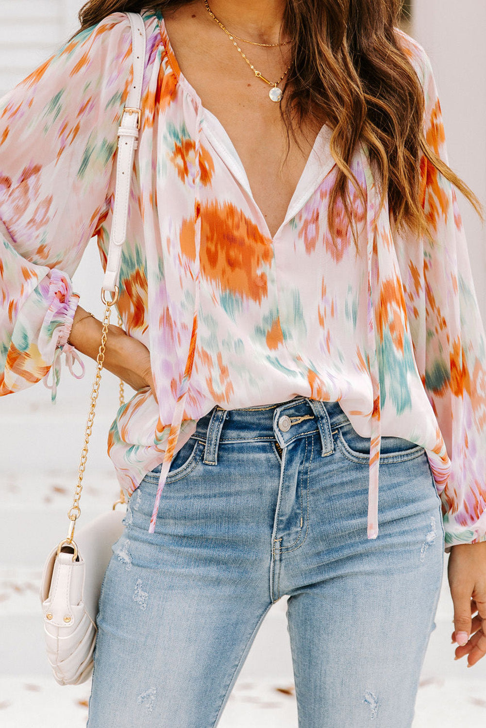 MultiColour Abstract Print Split Neck Puff Sleeve Blouse eAura
