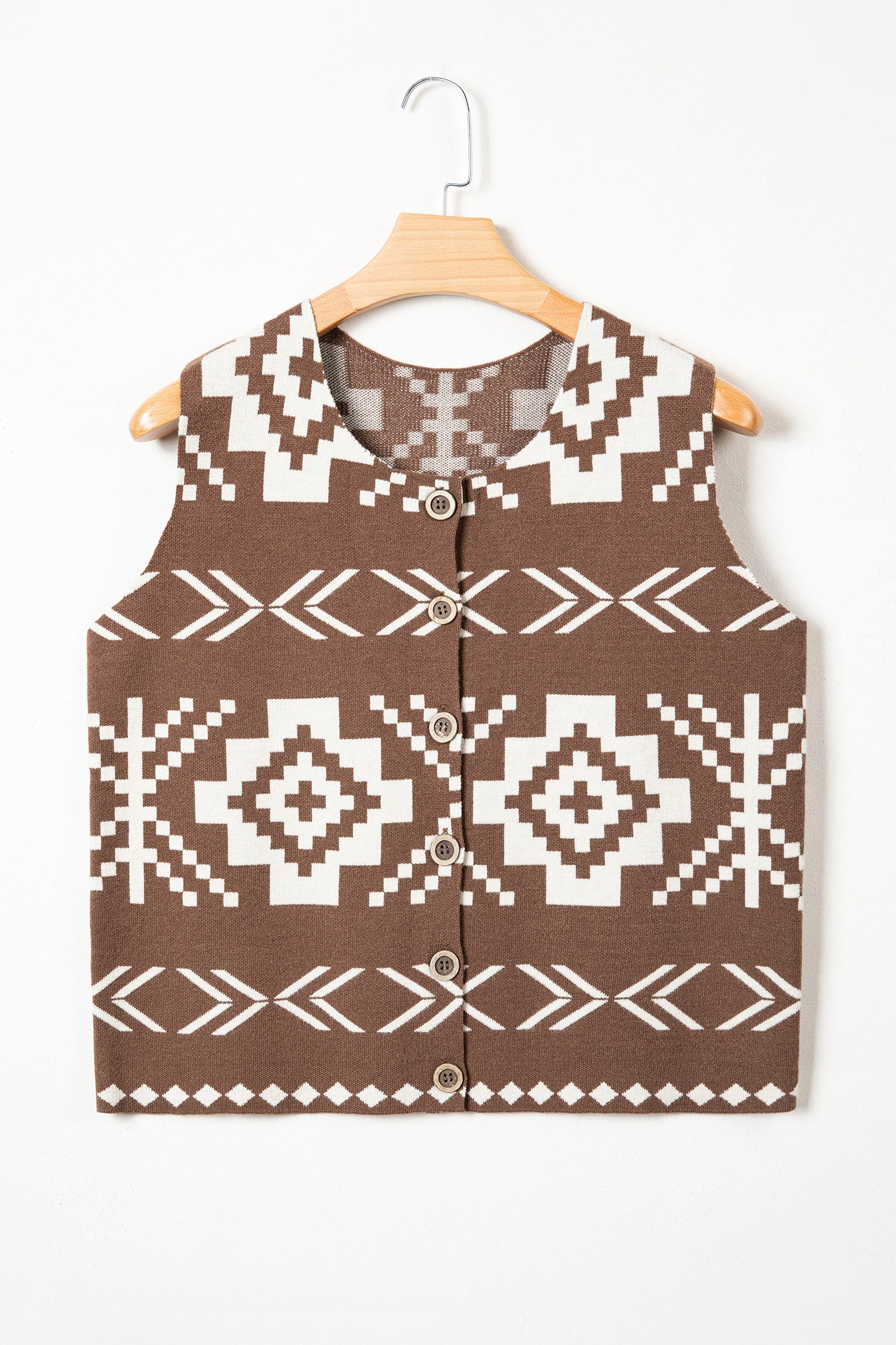 Brown Aztec Button Square Neck Sweater Vest