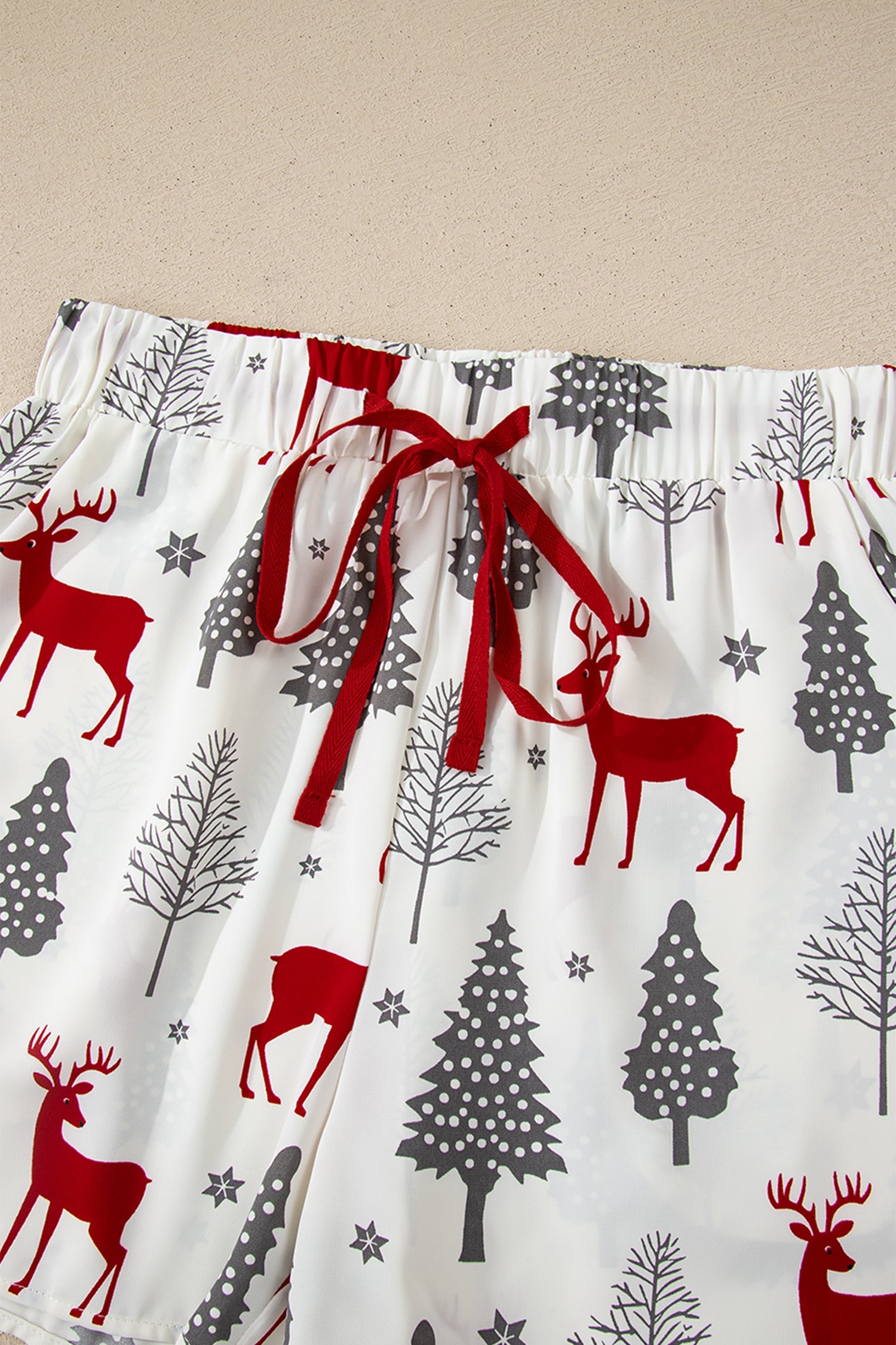Christmas Print Velvet Trim Bow Knot Pyjama Shorts Set - Loungewear & Sleepwear/Sleepwear