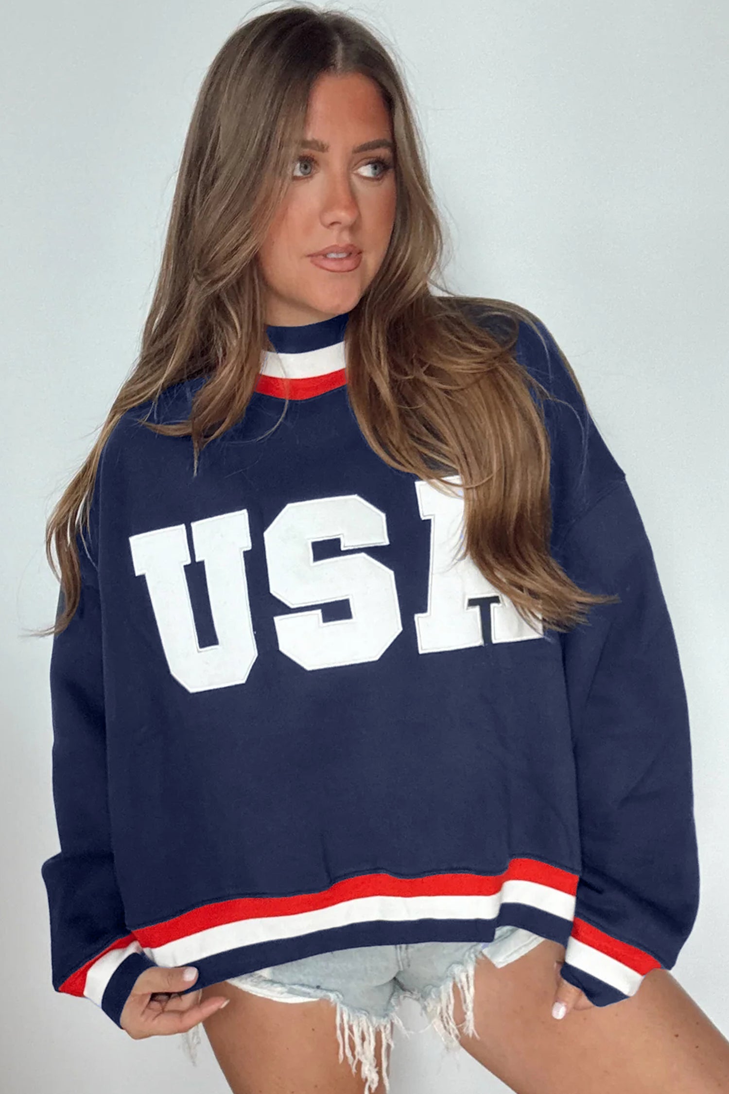 USA Slogan Patch Embroidery Colorblock High Neck Long Sleeve Sweatshirt – Dirty Blue
