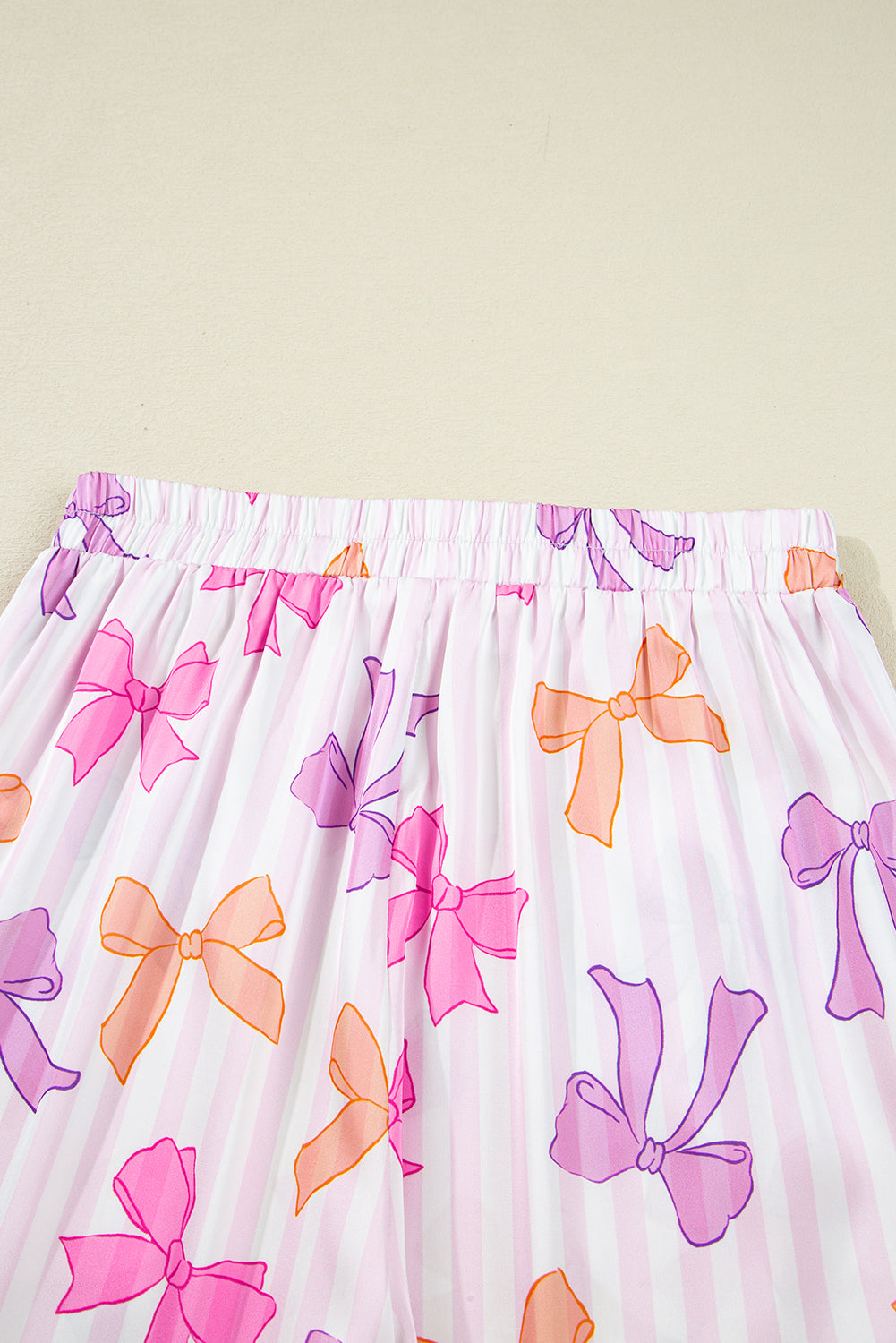 Pink Striped Bow Print Contrast Piping Trim Shirt and Bottoms Pyjama Set