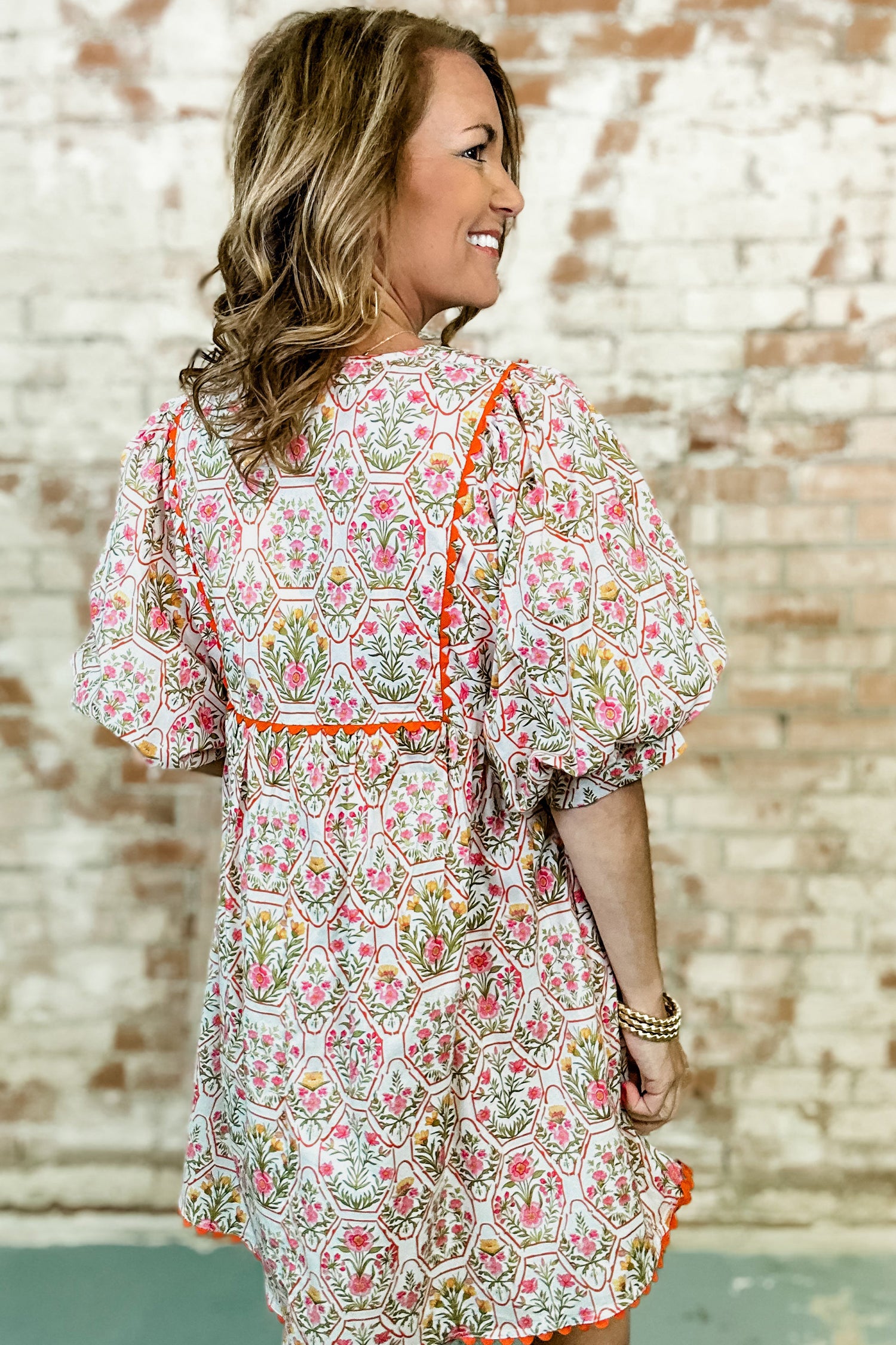 Floral Print Tassel Tie V-Neck Scalloped Detail Loose Mini Dress