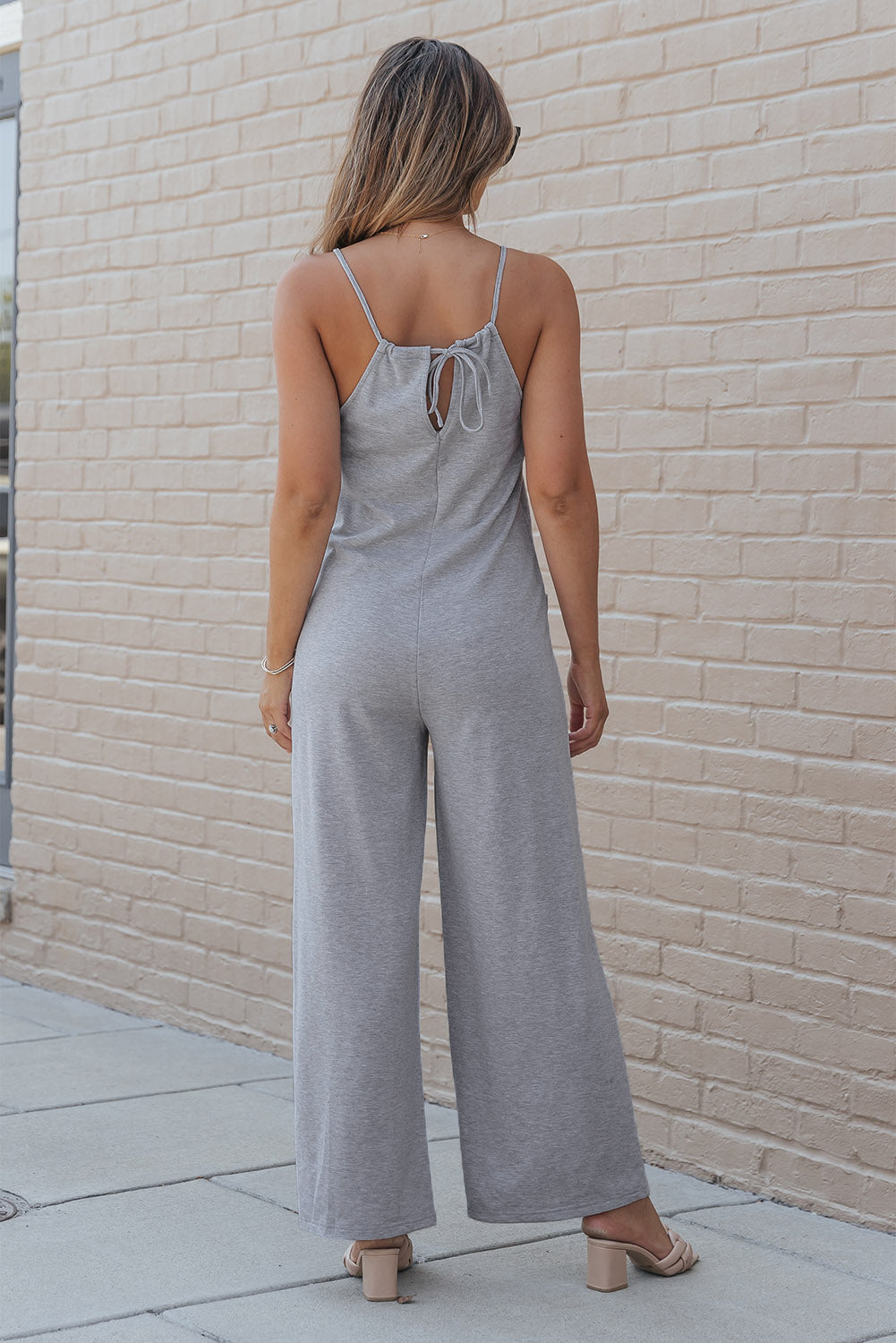 Grey Patch Pockets Spaghetti Strap Wide Leg Jumpsuit eAura