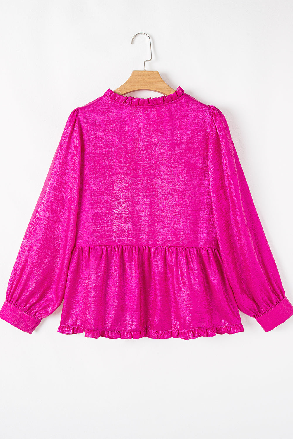 Rose Red Metallic Frilled V Neck Puff Sleeve Babydoll Blouse eAura