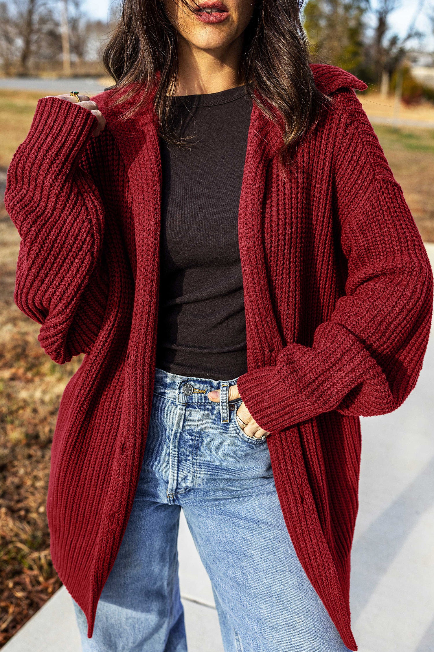 Red Dahlia Solid Color Knit Oversized Button Front Sweater Cardigan – Burgundy