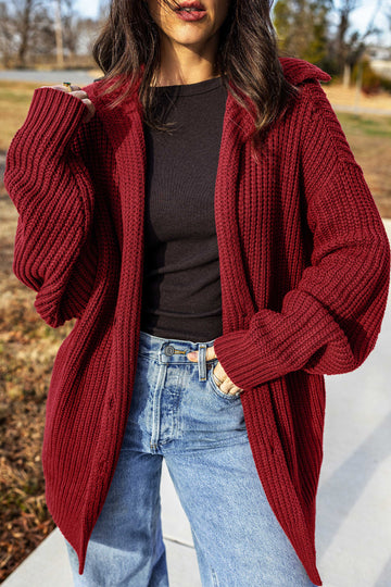 Red Dahlia Solid Color Knit Oversized Button Front Sweater Cardigan – Burgundy