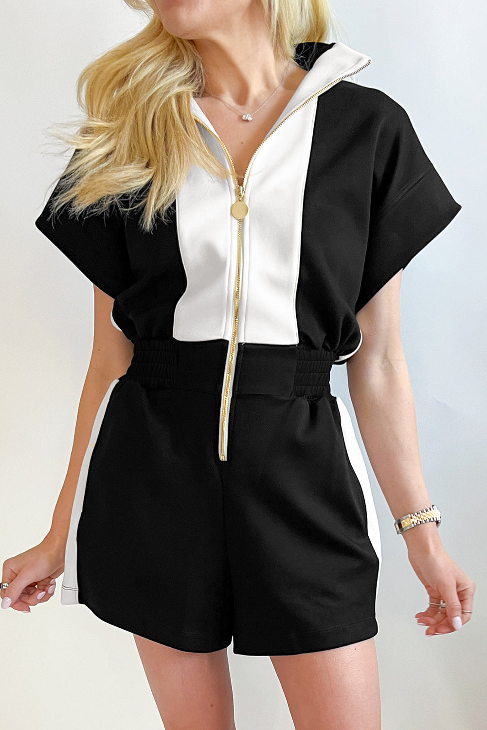 Black Contrast Collar Patchwork Zip Front Romper eAura