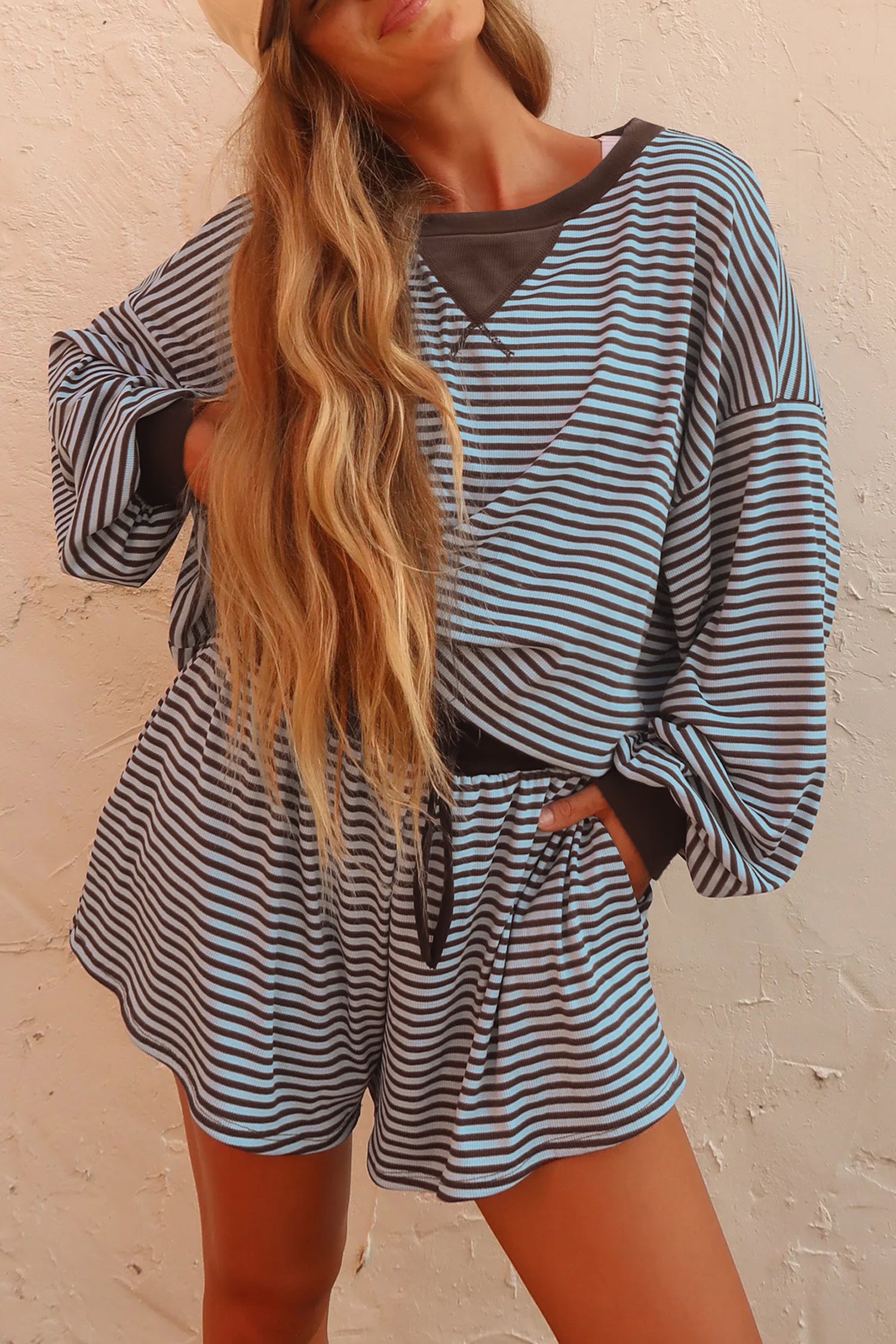 Oversized Long Sleeve Top Drawstring Loose Shorts 2pcs Set – Brown Stripe