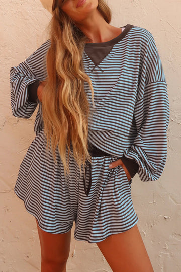 Oversized Long Sleeve Top Drawstring Loose Shorts 2pcs Set – Brown Stripe