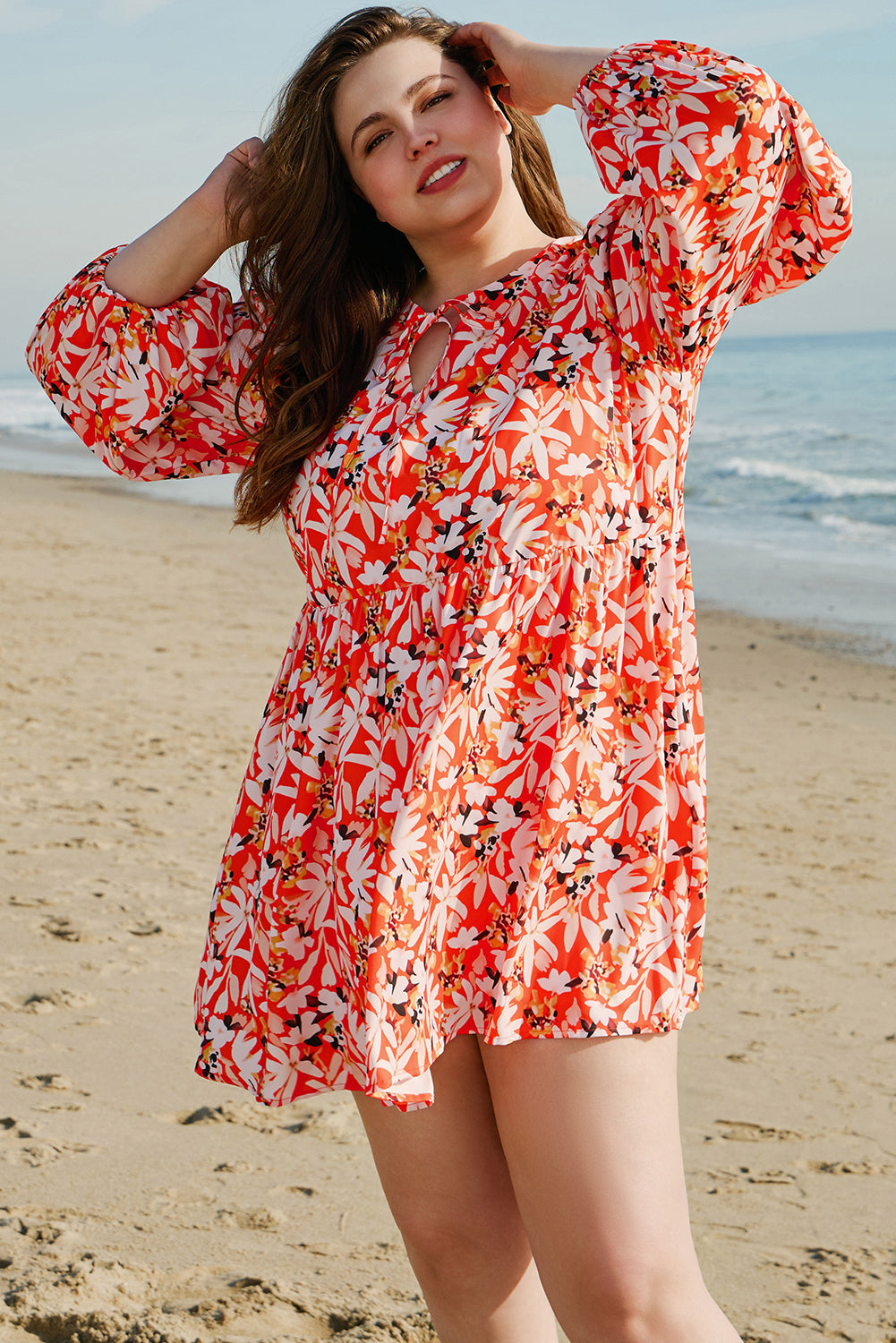Orange Floral Print Split V Neck Bubble Sleeve Plus Size Midi Dress BB Fashion Outlet