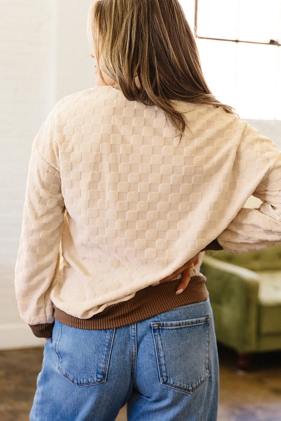 Plush Checkered Contrast Twisted Rib Long Sleeve Top – Parchment