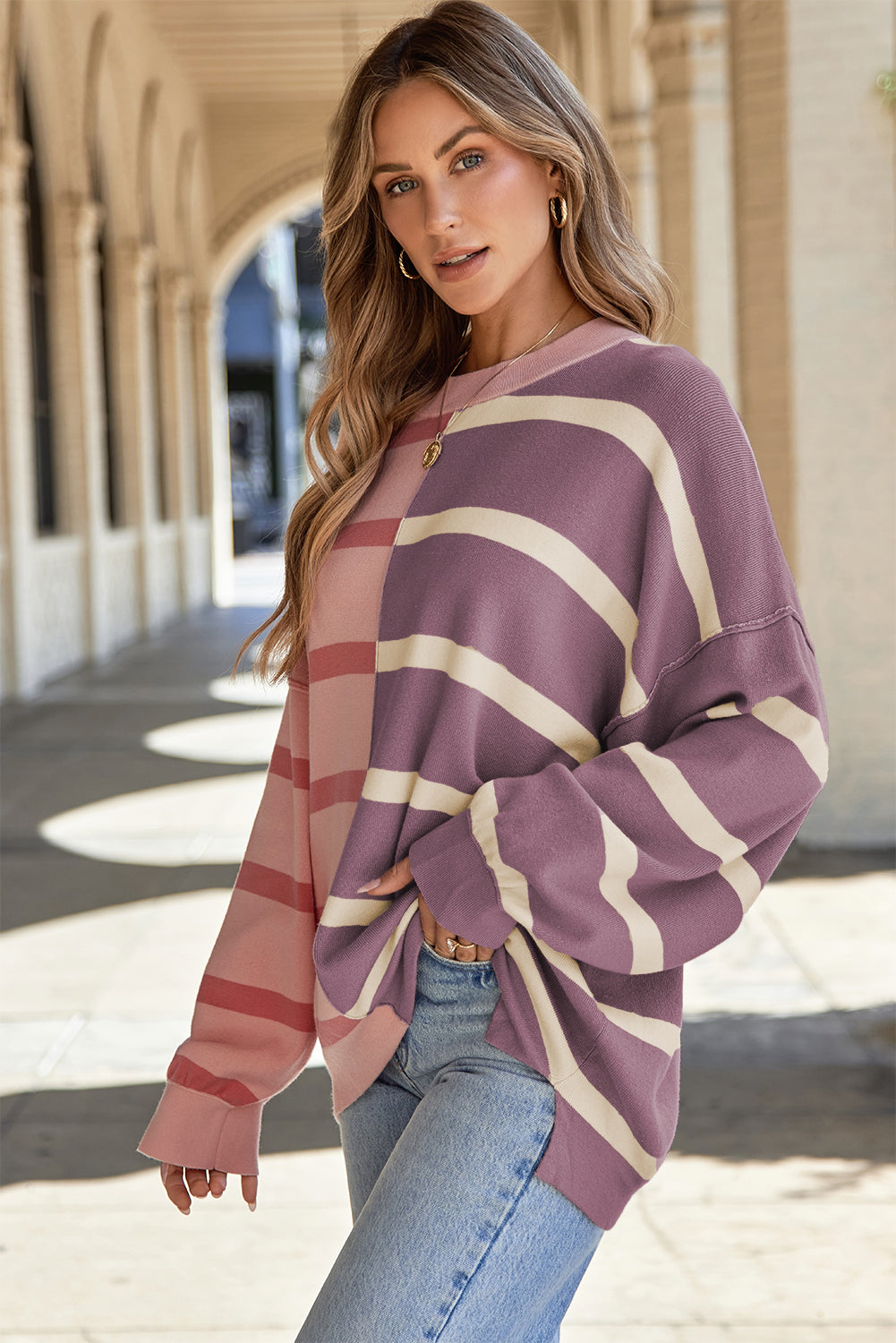 Pink Stripe Colourblock Oversized Sweater eAura