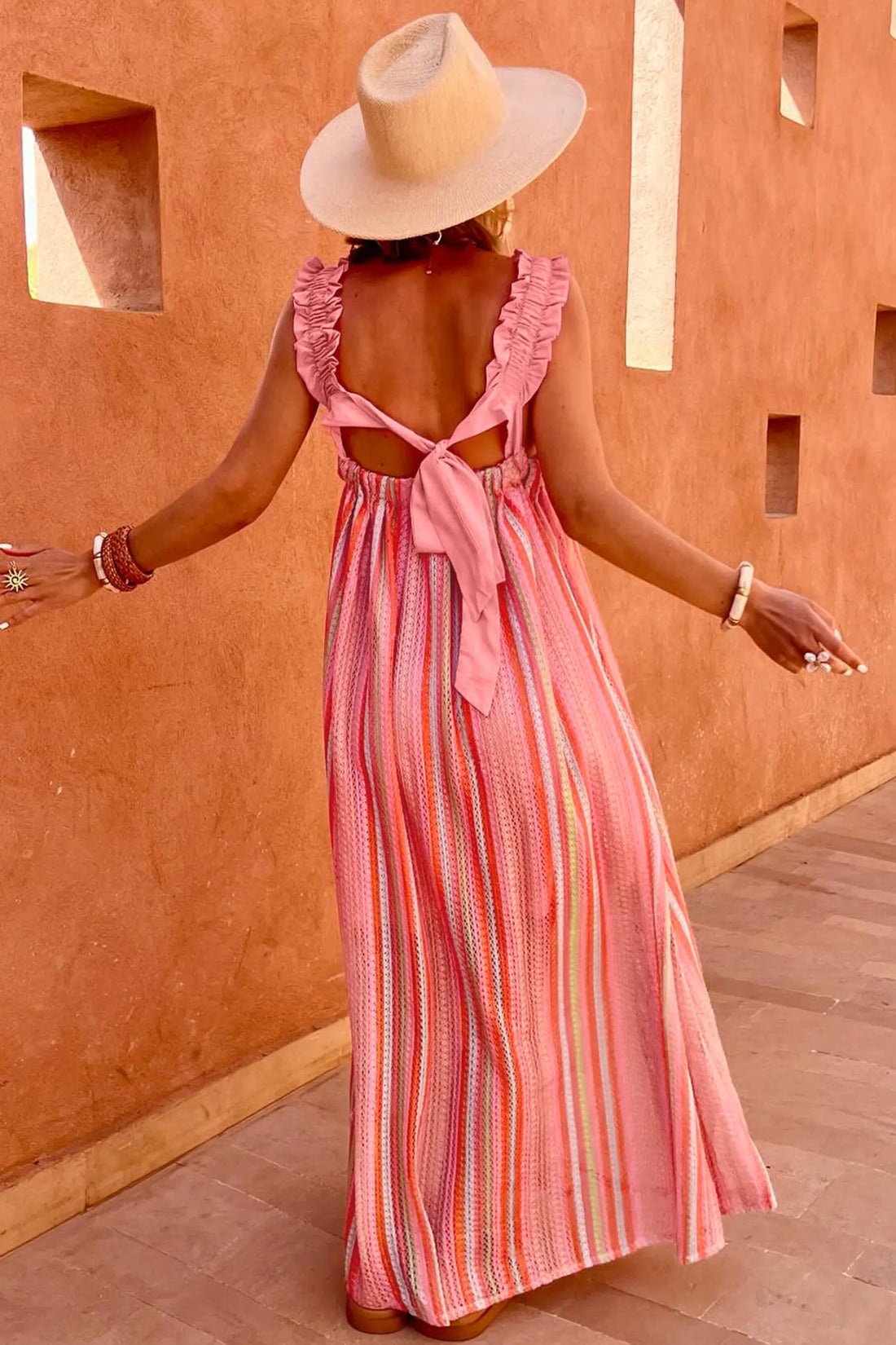Stripe Ruffled Straps Ribbon Knot Flowy Holiday Maxi Dress