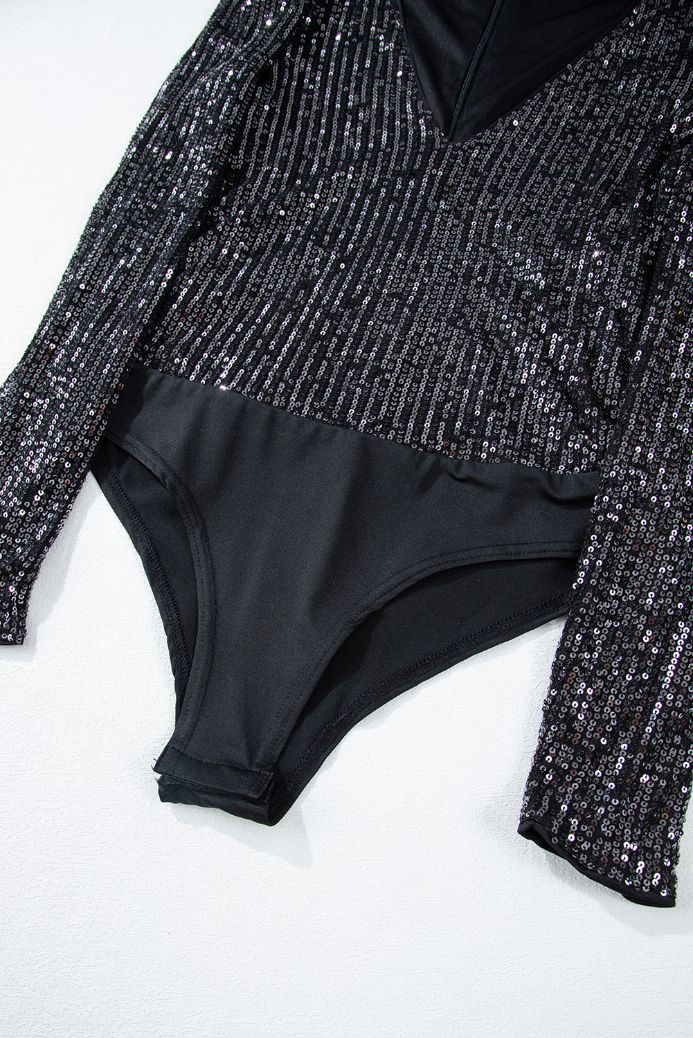 Black Sequin V Neck Zipped Long Sleeve Bodysuit eAura